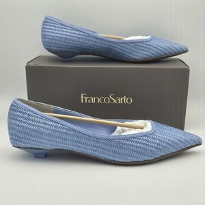 NIB 8.5W Franco Sarto Prella 3 Low-Heel Pumps, Denim Blue Raffia, Wide Width